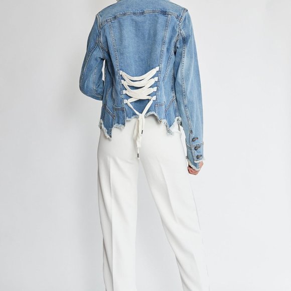 Aje Blue Denim Jacket with White Lace-Up Detail - Picture 4 of 7